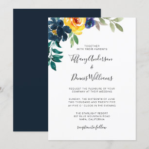 Invitation Mariage floral bleu marine et jaune