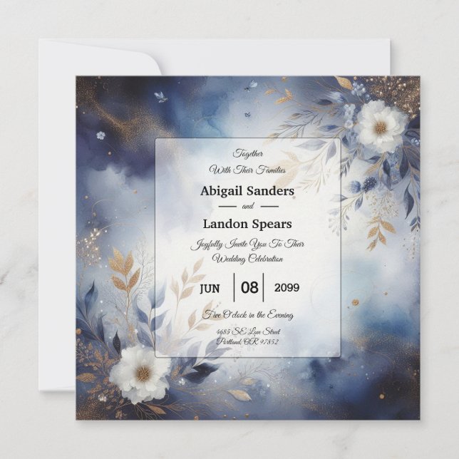 Invitation Mariage floral bleu marine et or  (Devant)
