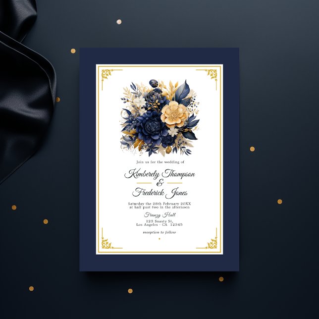 Invitation Mariage floral bleu marine et or (Navy and Gold Floral Wedding)