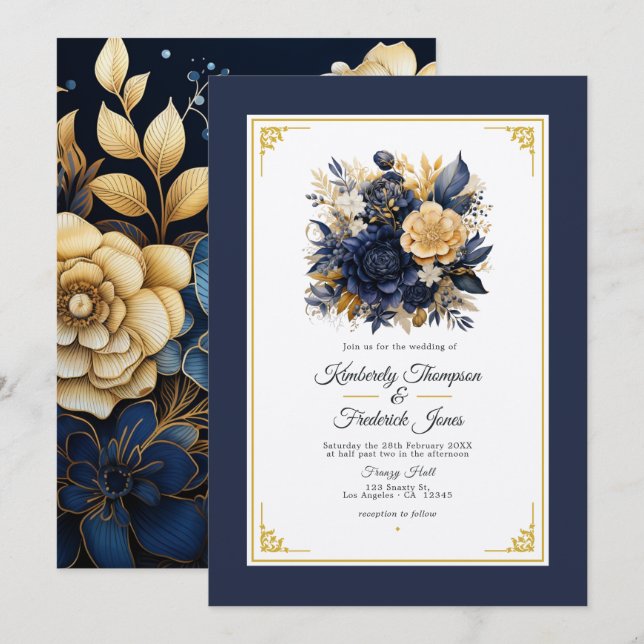 Invitation Mariage floral bleu marine et or (Devant / Derrière)