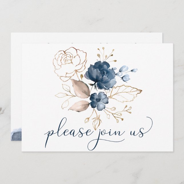 Invitation Mariage floral bleu marine et or aquarelle (Devant / Derrière)