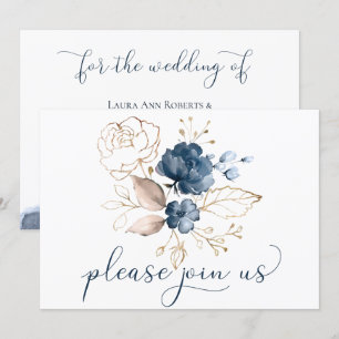 Invitation Mariage floral bleu marine et or aquarelle