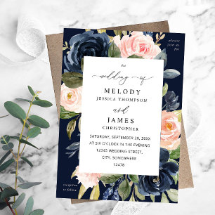 Invitation Mariage floral bleu marine et rose pâle automne
