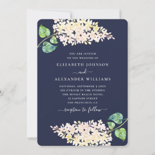 Invitation Mariage floral bleu marine. Fleurs lilas aquarelle