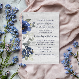 Invitation Mariage floral bleu marine gris argent