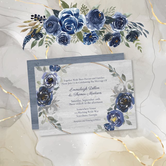 Invitation Mariage floral bleu marine gris argent (Créateur téléchargé)