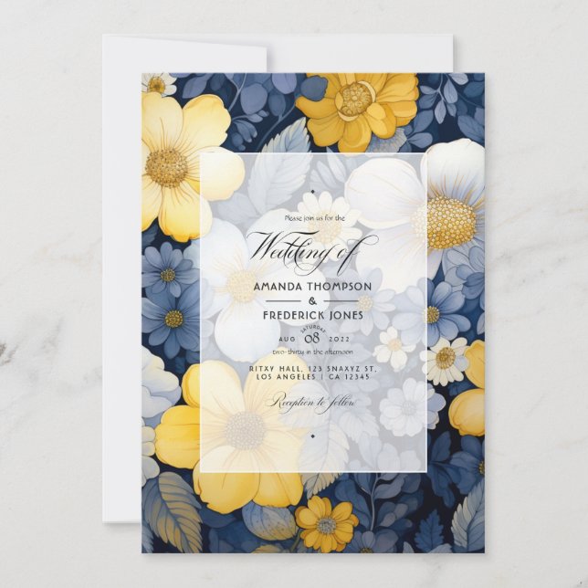 Invitation Mariage floral bleu marine, jaune et blanc (Devant)