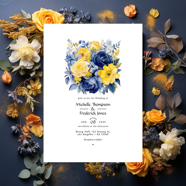Invitation Mariage floral bleu marine, jaune et bleu (Créateur téléchargé)