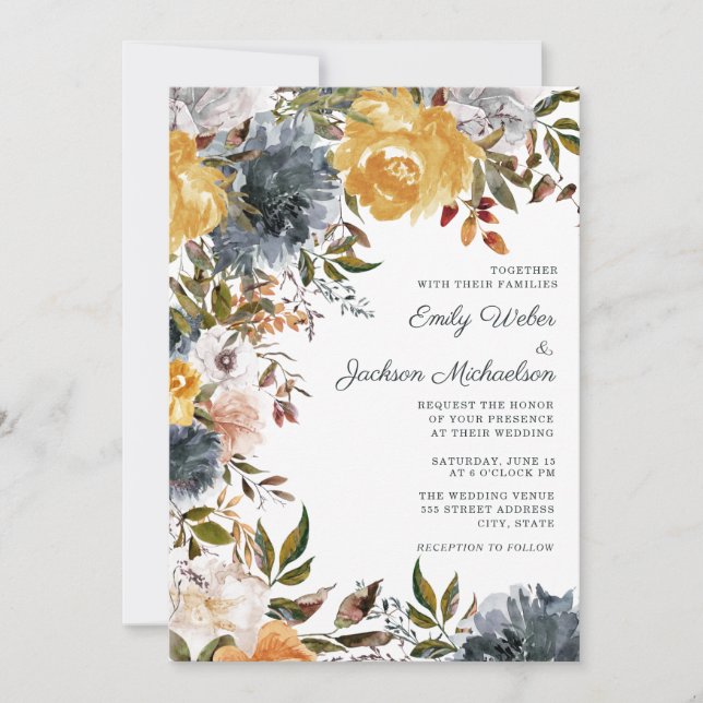 Invitation Mariage floral bleu marine jaune moutarde (Devant)