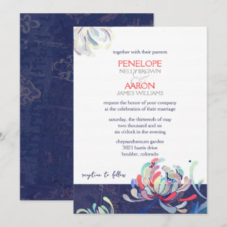 Invitation Mariage floral bleu marine moderne