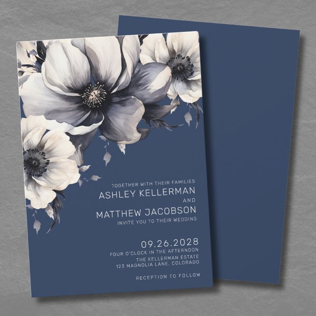Invitation Mariage floral bleu marine moderne (Modern Navy Blue Floral Wedding Invitation)