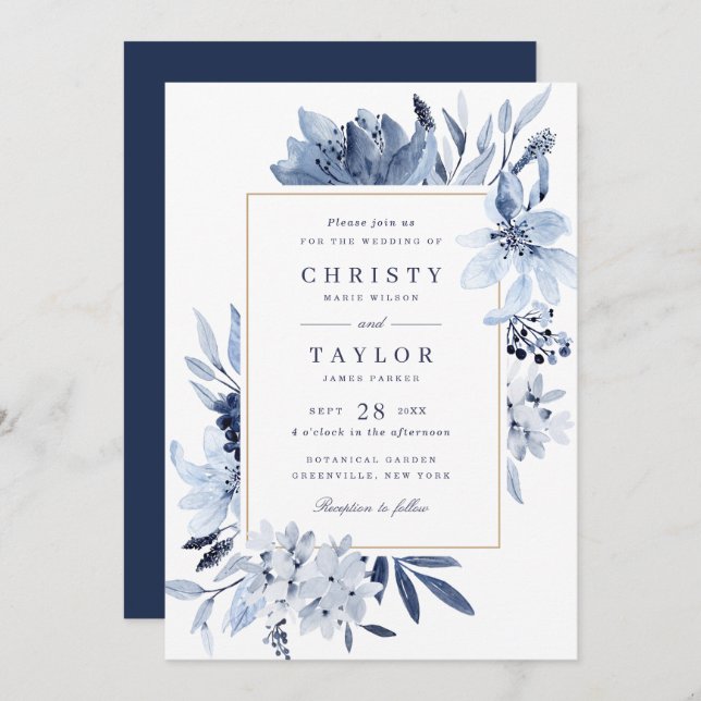 Invitation Mariage floral bleu marine moderne (Devant / Derrière)
