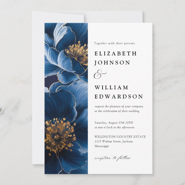 Invitation Mariage floral bleu marine moderne et or (Devant)