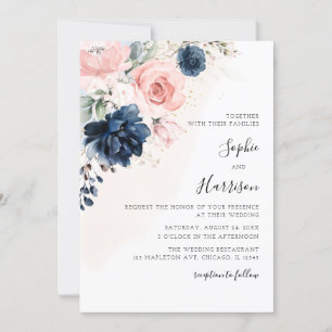 Invitation Mariage floral bleu marine moderne et rose pâle