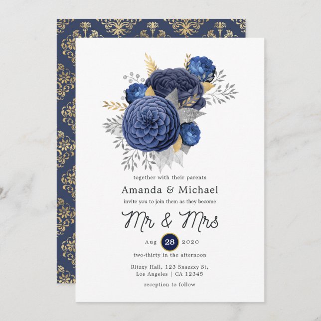 Invitation Mariage floral bleu marine, or et argent (Devant / Derrière)