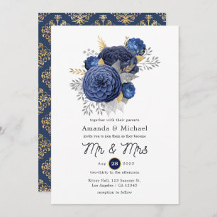 Invitation Mariage floral bleu marine, or et argent