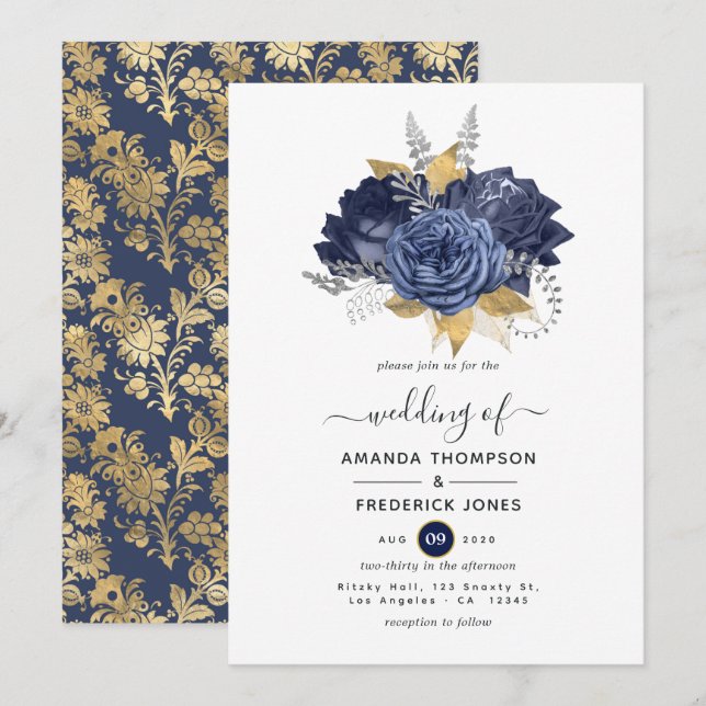Invitation Mariage floral bleu marine, or et argent (Devant / Derrière)