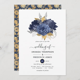 Invitation Mariage floral bleu marine, or et argent
