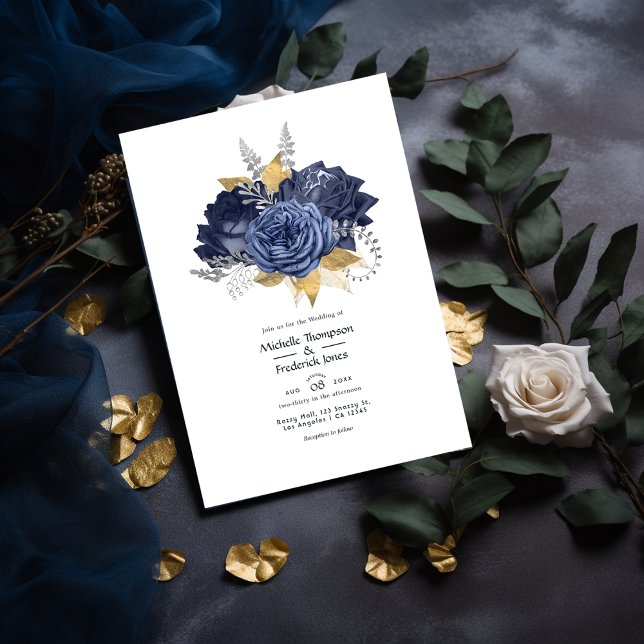 Invitation Mariage floral bleu marine, or et argent (Créateur téléchargé)