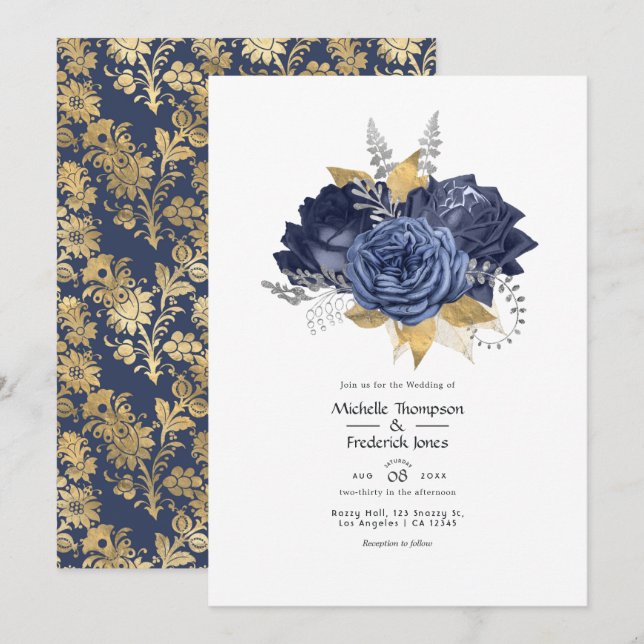 Invitation Mariage floral bleu marine, or et argent (Devant / Derrière)