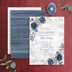 Invitation Mariage floral bleu marine PInk marbre rose