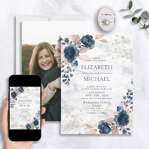 Invitation Mariage floral bleu marine PInk marbre rose