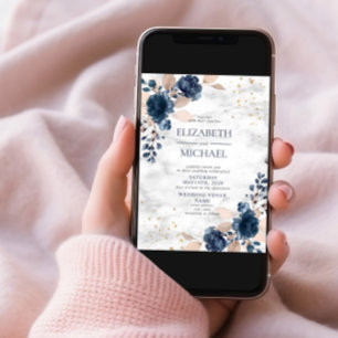 Invitation Mariage floral bleu marine PInk marbre rose