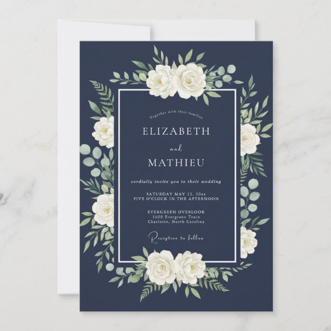 Invitation Mariage Floral Bleu Marine Poli (Devant)