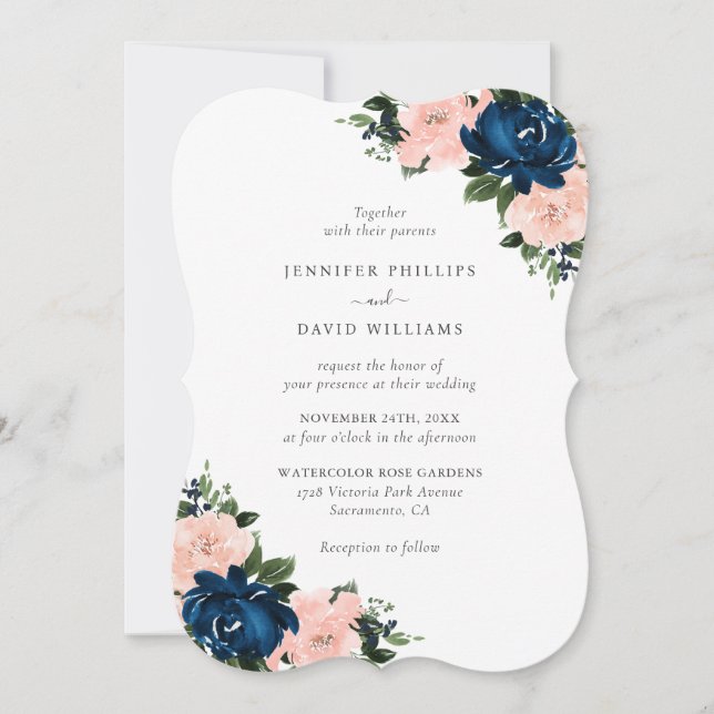 Invitation Mariage floral bleu marine rose (Devant)