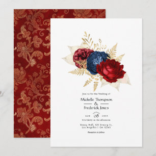 Invitation Mariage floral bleu marine, rouge et or