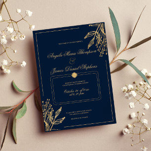 Invitation Mariage floral bleu marine simple géométrique