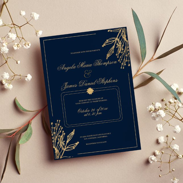 Invitation Mariage floral bleu marine simple géométrique (Simple geometrical navy blue gold floral wedding invitation)