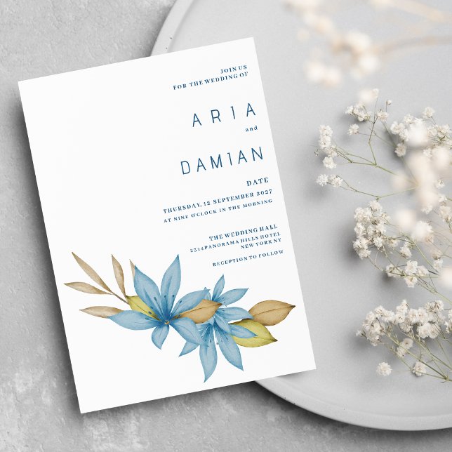 Invitation Mariage floral bleu marron clair simple (Simple watercolor brown blue floral Wedding )