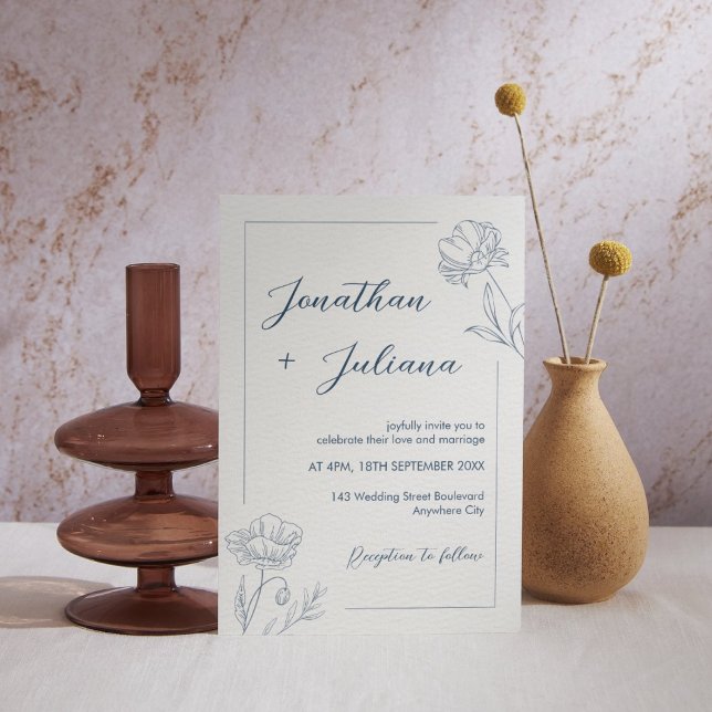 Invitation Mariage Floral bleu moderne (Modern Blue Floral Wedding Invitation)
