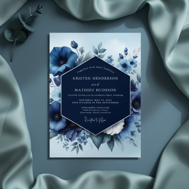 Invitation Mariage Floral Bleu Nuit (Créateur téléchargé)