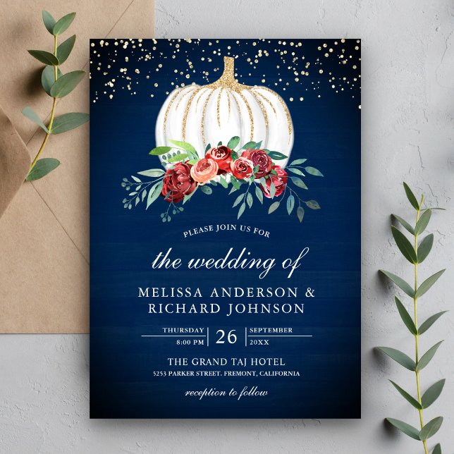 Invitation Mariage Floral Bleu Nuit Blanc Citrouille Bourgogn (Créateur téléchargé)