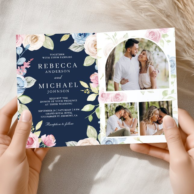 Invitation Mariage Floral Bleu Nuit Code QR Printemps Douille (Créateur téléchargé)