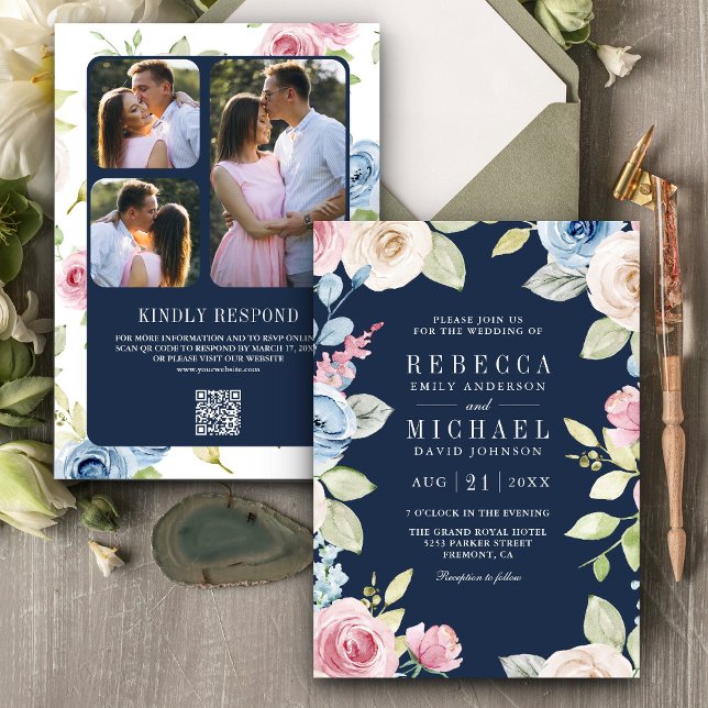 Invitation Mariage Floral Bleu Nuit Code QR Printemps Douille (Créateur téléchargé)