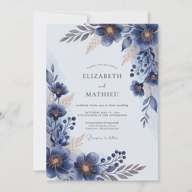 Invitation Mariage Floral Bleu Nuit Lustré (Devant)