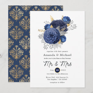 Invitation Mariage Floral Bleu Nuit, Or et Argent