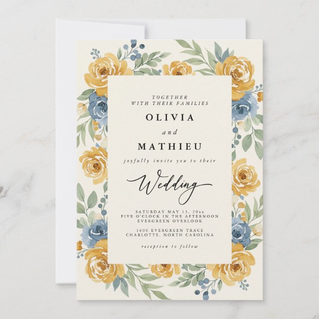 Invitation Mariage Floral Bleu Ocra Romance (Devant)