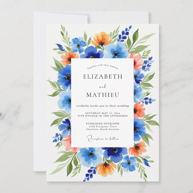 Invitation Mariage Floral Bleu Orange (Devant)