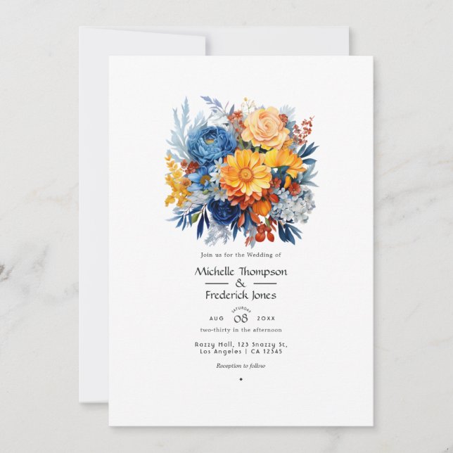 Invitation Mariage Floral Bleu, Orange et Jaune (Devant)