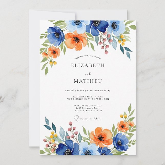 Invitation Mariage Floral Bleu Orange Vivant (Devant)