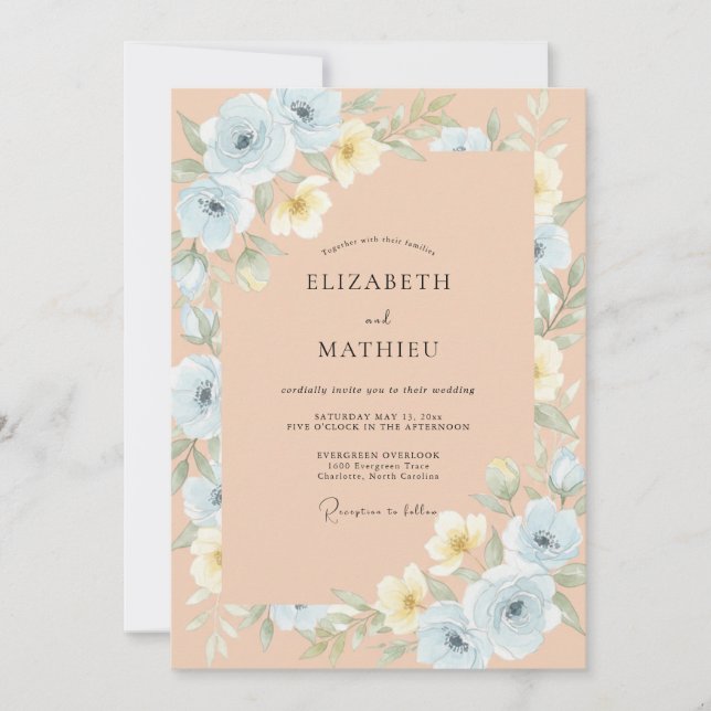 Invitation Mariage Floral Bleu Pâle Délicat (Devant)