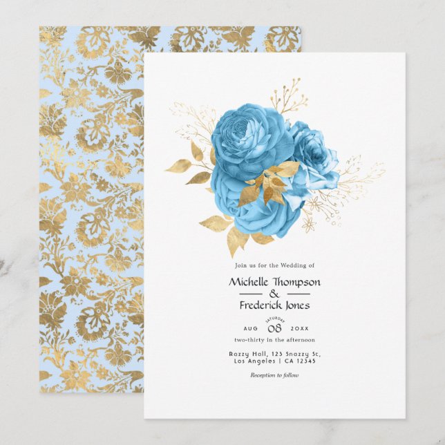 Invitation Mariage floral bleu pastel et or (Devant / Derrière)