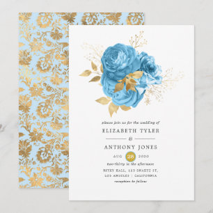 Invitation Mariage floral bleu pastel et or