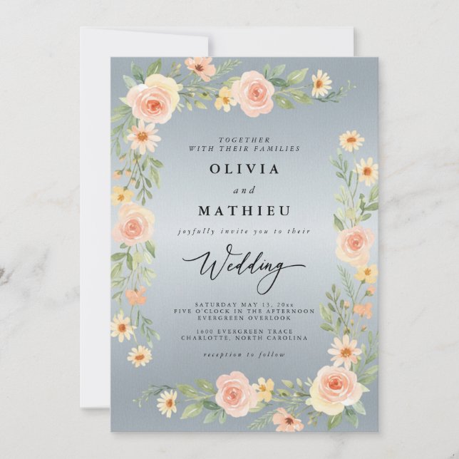 Invitation Mariage Floral Bleu Pêche (Devant)