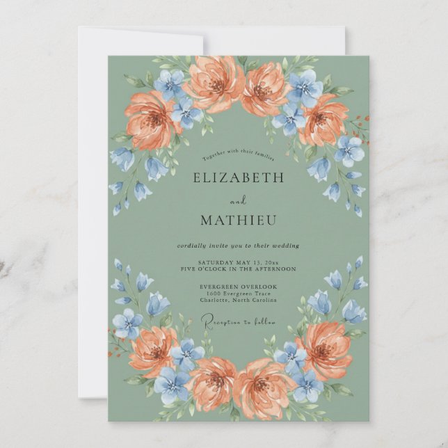 Invitation Mariage Floral Bleu Pêche Sage (Devant)