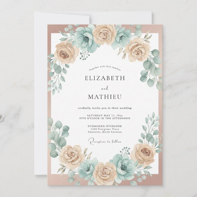 Invitation Mariage Floral Bleu Pêche sous une Arche (Devant)